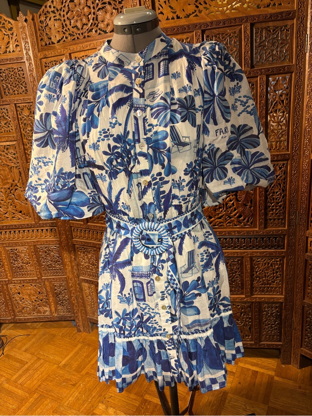 Farm Rio Blue Floral Print Short Dress with Belt